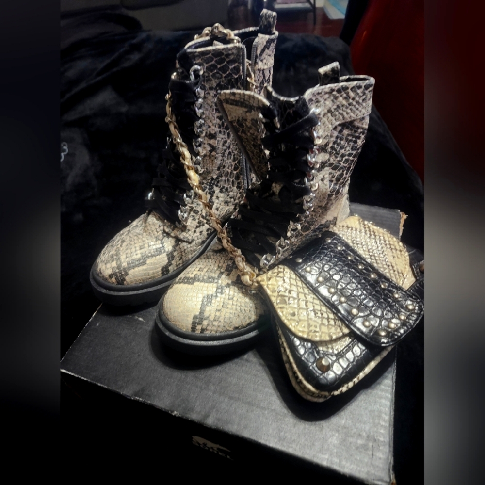 Snakeskin combo boots with matching bag
